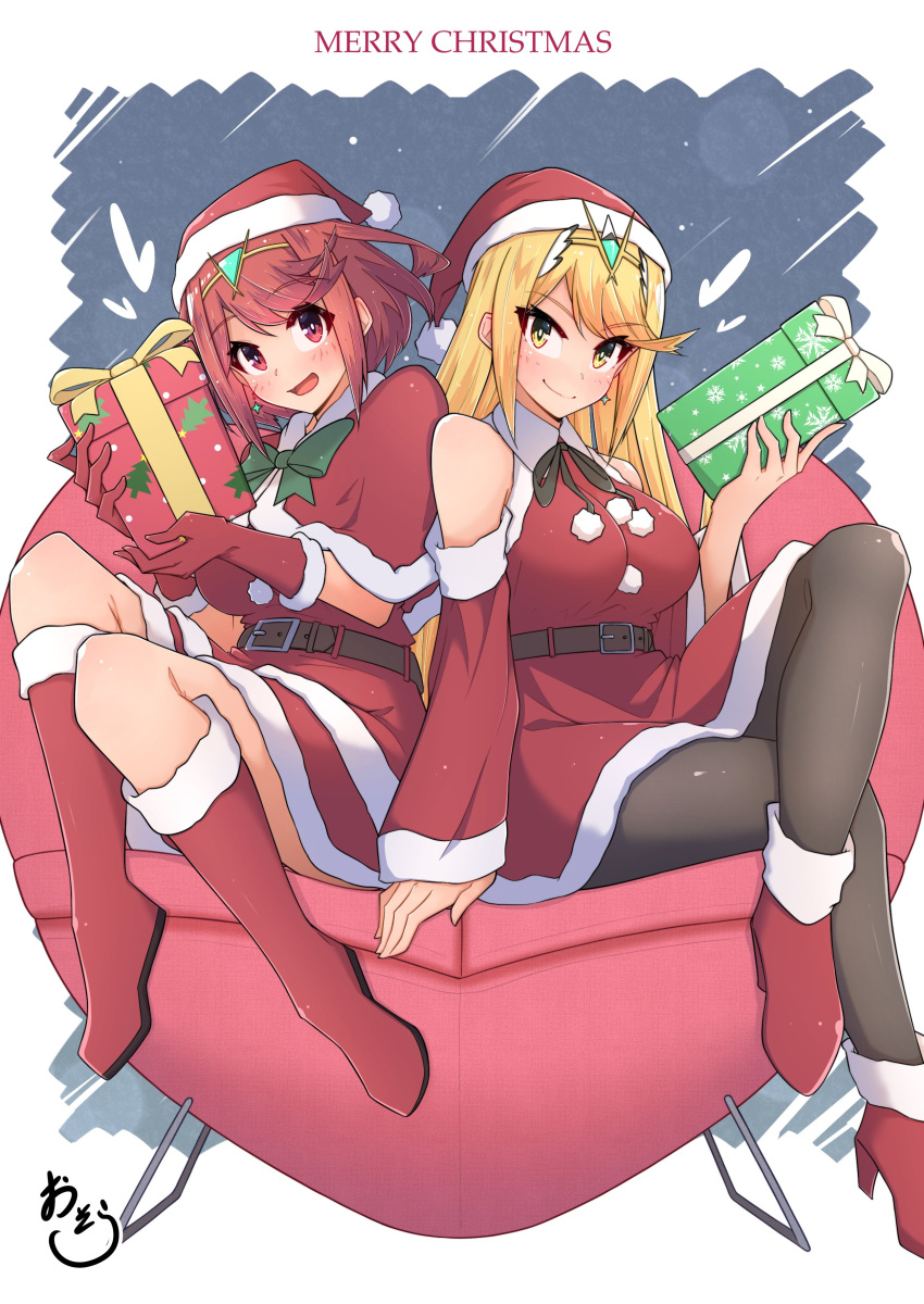 2girls, absurdres, bangs, belt, blonde_hair, boots, crossed_arms, detached_sleeves, dress, gift, gloves, hat, high_heel_boots, high_heels, highres, holding, holding_gift, long_hair, looking_at_viewer, multiple_girls, mythra_(xenoblade), neck_ribbon, open_mouth, osora_(judithandlilith), pantyhose, pyra_(xenoblade), red_eyes, red_footwear, red_gloves, redhead, ribbon, santa_boots, santa_dress, santa_hat, short_hair, sitting, smile, very_long_hair, watermark, wide_sleeves, xenoblade_chronicles_(series), xenoblade_chronicles_2, yellow_eyes