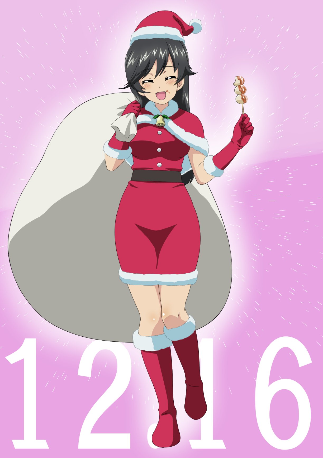 1girl, :d, bangs, bell, black_hair, boots, capelet, christmas