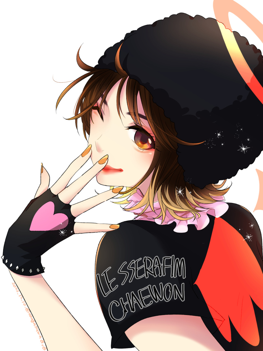 1girl, animification, beanie, black_gloves, black_headwear, black_shirt, brown_eyes, brown_hair, character_name, copyright_name, fingerless_gloves, from_side, gloves, halo, hat, highres, k-pop, kim_chae-won, koyomino, le_sserafim, looking_at_viewer, one_eye_closed, orange_nails, real_life, red_lips, shirt, smile, solo, white_background