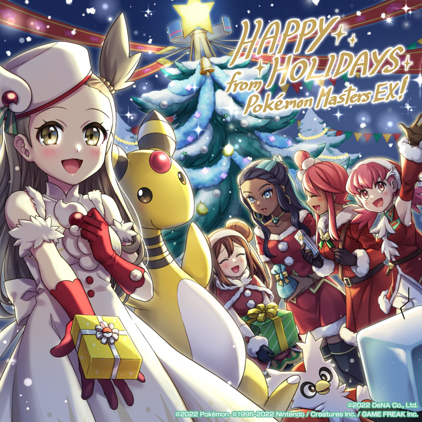 5girls, :d, ampharos, arm_up, bangs, blush, box, brown_hair, capelet, christmas_tree, collarbone, commentary, dark-skinned_female, dark_skin, delibird, detached_sleeves, dress, earrings, english_commentary, gift, gift_box, gloves, hat, highres, holding, holding_gift, jasmine_(holiday_2022)_(pokemon), jasmine_(pokemon), jewelry, mono_land, multiple_girls, nessa_(holiday_2021)_(pokemon), nessa_(pokemon), night, official_alternate_costume, official_art, open_mouth, outdoors, pink_hair, pokemon, pokemon_(creature), pokemon_(game), pokemon_masters_ex, red_capelet, red_gloves, rosa_(holiday_2019)_(pokemon), rosa_(pokemon), skyla_(holiday_2020)_(pokemon), skyla_(pokemon), smile, snowing, tongue, twintails, watermark, whitney_(holiday_2022)_(pokemon), whitney_(pokemon)