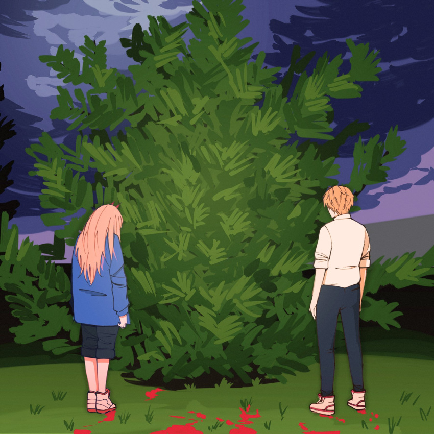 100_gecs, 1boy, 1girl, album_cover_redraw, blonde_hair, blood_on_ground, blue_jacket, blue_sky