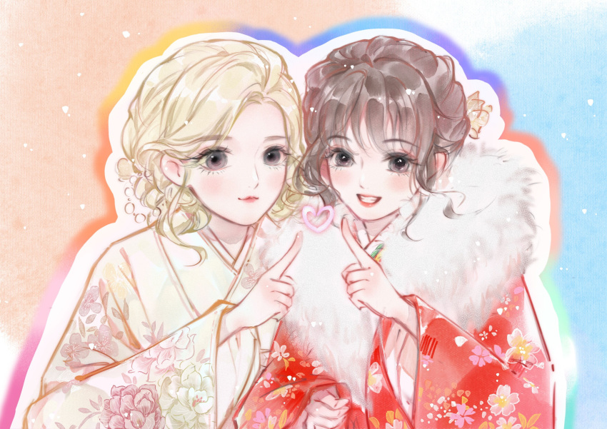 2girls, absurdres, animification, black_eyes, blonde_hair, brown_hair, furisode, hair_behind_ear