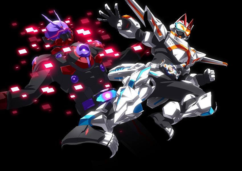2boys, abs, animal_ears, antennae, armor, black_armor, black_background, black_bodysuit