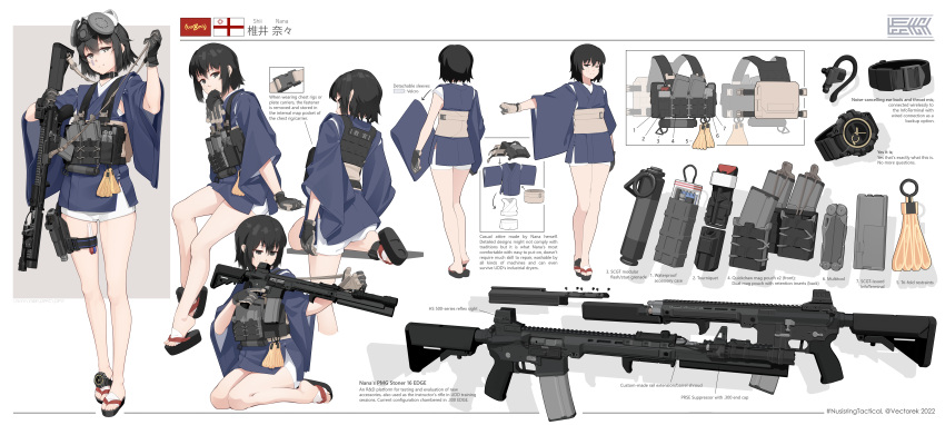 1girl, absurdres, acog, ar-15, assault_rifle, bulletproof_vest, earpiece, english_text