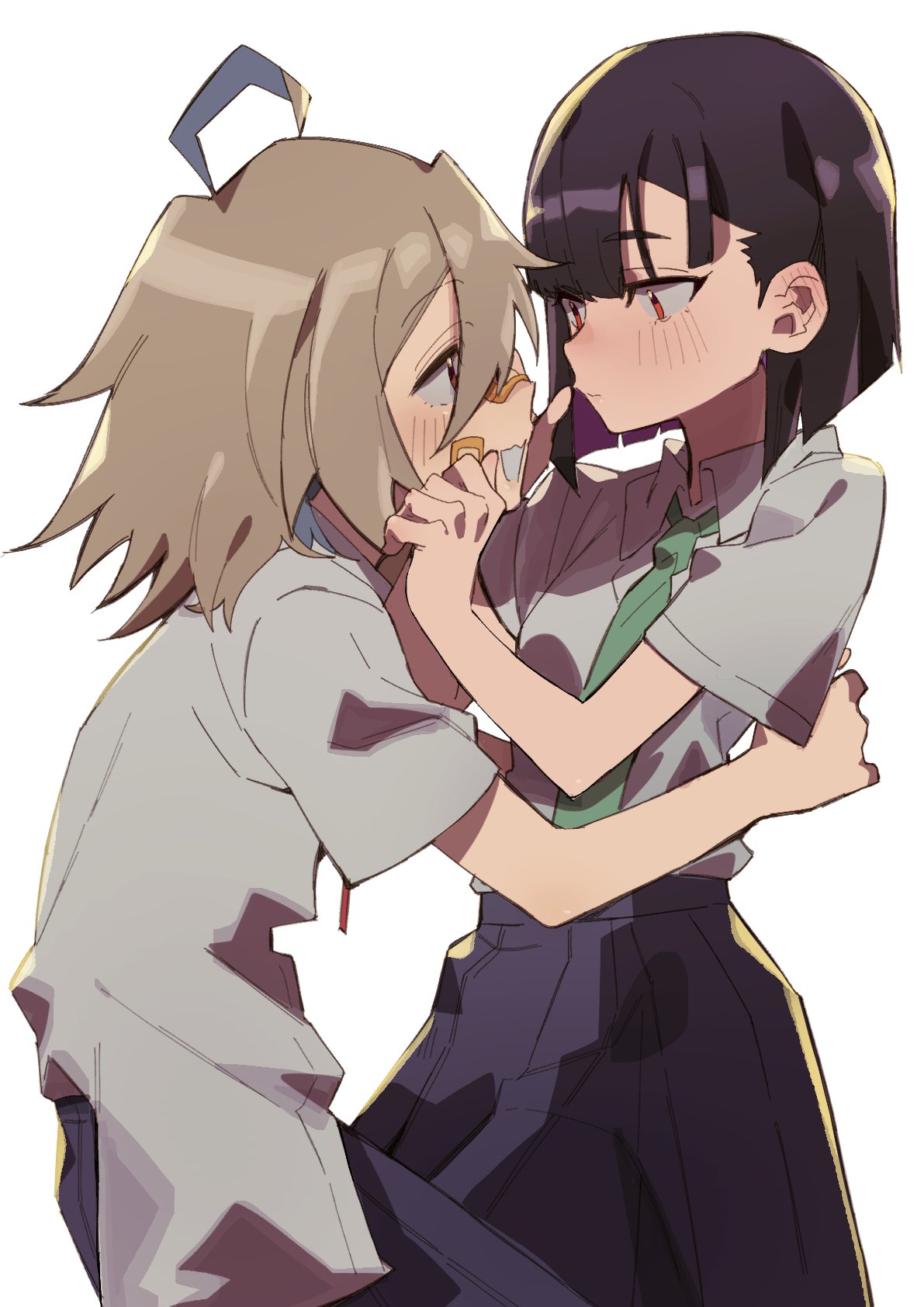 ahoge, bandaid, bandaid_on_cheek, bandaid_on_face, bandaid_on_nose, black_hair, bob_cut, brown_hair