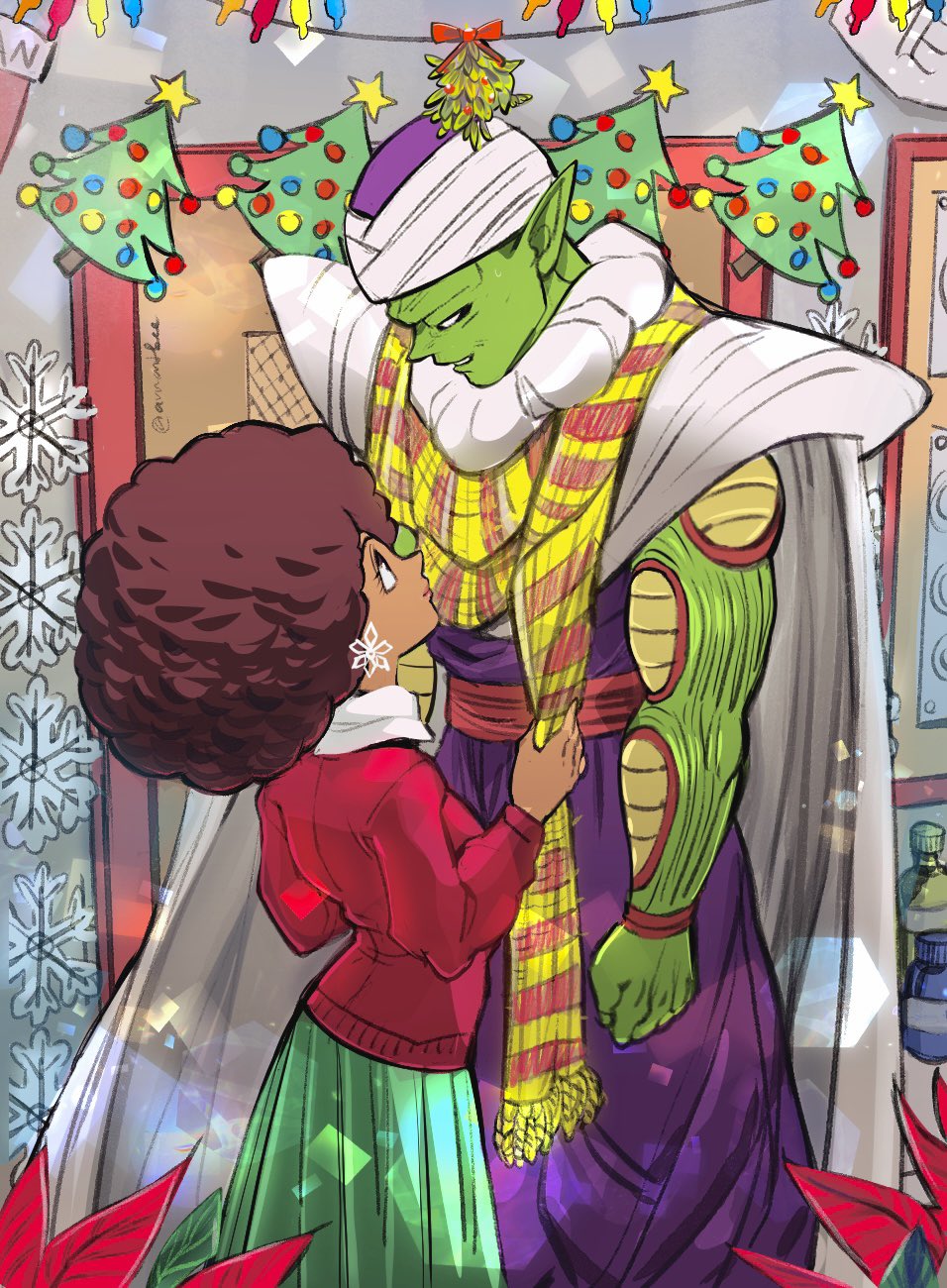 1boy, 1girl, afro, amartbee, brown_hair, cape, christmas_lights, christmas_tree, colored_skin, dark-skinned_female, dark_skin, dougi, dragon_ball, dragon_ball_super, dragon_ball_super_super_hero, earrings, green_skin, green_skirt, hetero, highres, holding, holding_clothes, holding_scarf, janet_(dragon_ball), jewelry, muscular, open_mouth, piccolo, pointy_ears, red_sweater, scarf, skirt, smile, snowflake_earrings, snowflake_ornament, sweater, turban