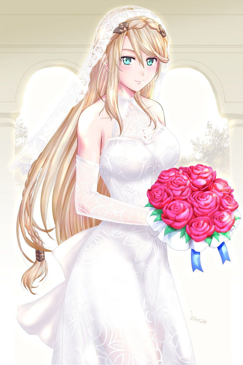 1girl, blonde_hair, blue_eyes, bouquet, braid, bridal_veil, dress, eiyuu_densetsu