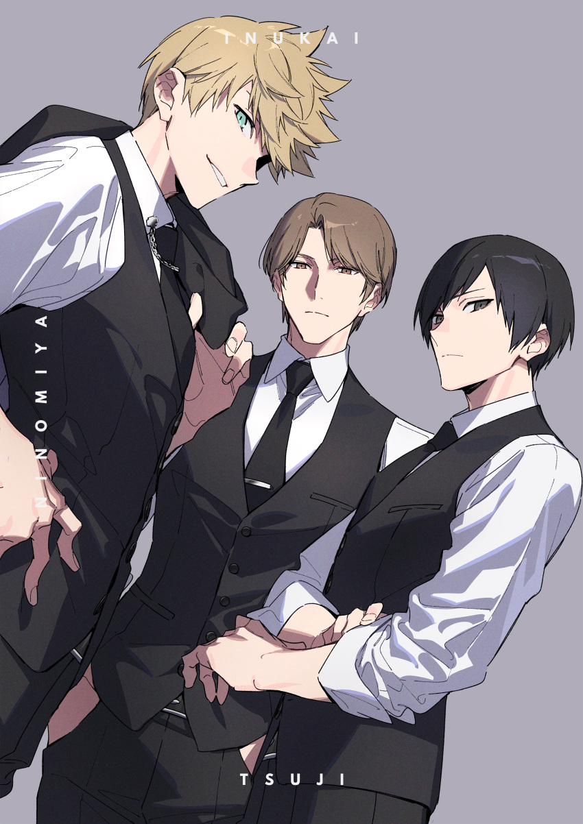 3boys, absurdres, bangs, black_eyes, black_hair, black_necktie, black_pants, black_vest