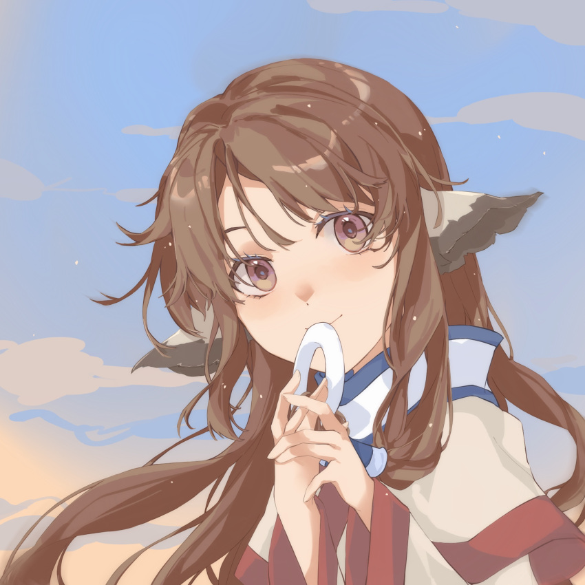 1girl, animal_ears, brown_hair, closed_mouth, clouds, eruruw, eyelashes, hands_up