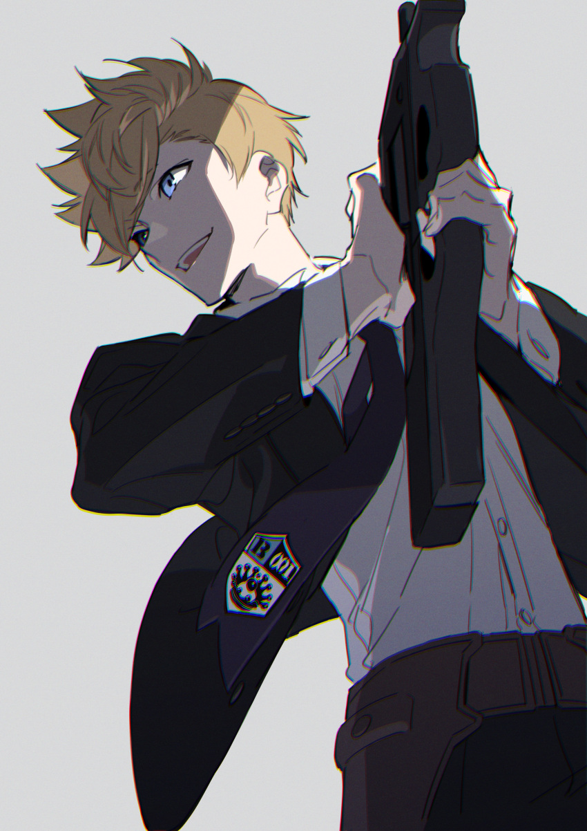 1boy, absurdres, black_jacket, black_necktie, black_pants, black_suit, blonde_hair, blue_eyes, collared_shirt, cowboy_shot, formal, grey_background, gun, highres, holding, holding_gun, holding_weapon, inukai_sumiharu, jacket, looking_away, male_focus, necktie, open_mouth, pants, shirt, short_hair, simple_background, smile, solo, spiky_hair, standing, suit, weapon, white_shirt, world_trigger, xia_(ryugo)