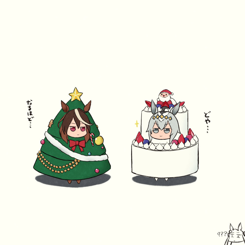 2girls, ?, ??, animal_ears, bangs, bow, brown_hair, cake