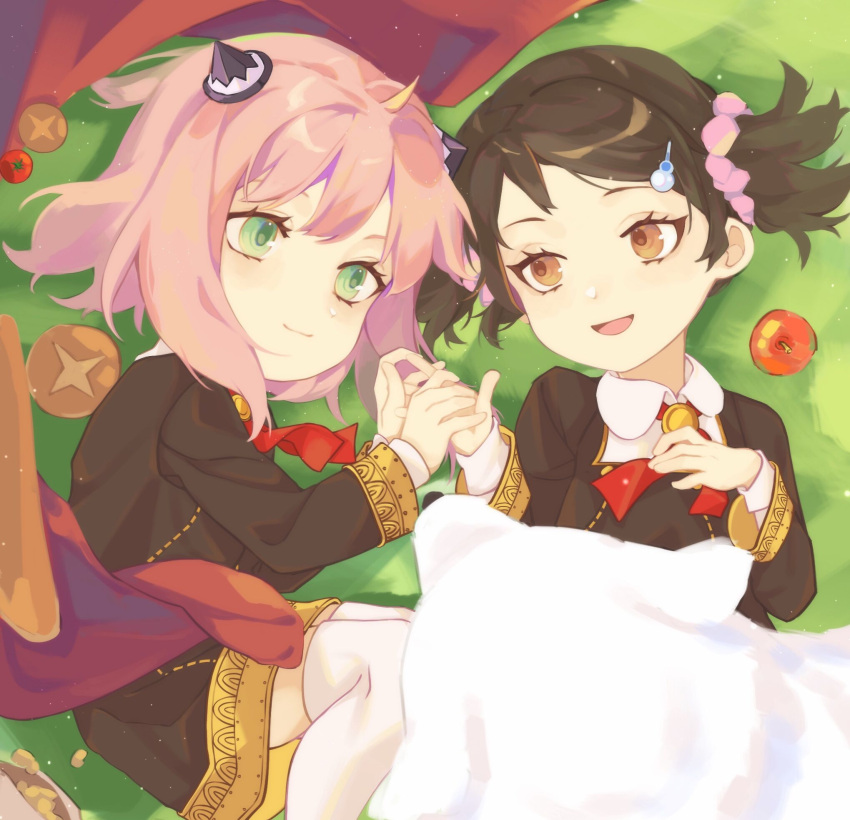 2girls, :d, ahoge, animal, anya_(spy_x_family), apple, baguette, becky_blackbell, black_dress, black_hair, bond_(spy_x_family), bread, closed_mouth, dog, dress, eden_academy_uniform, eyelashes, female_child, food, fruit, great_pyrenees, green_eyes, hair_ornament, hair_scrunchie, hairclip, hairpods, highres, holding_hands, light_particles, long_sleeves, looking_at_another, lying, multiple_girls, neck_ribbon, on_back, on_side, open_mouth, orange_eyes, pink_hair, pink_scrunchie, red_ribbon, ribbon, school_uniform, scrunchie, short_hair, short_twintails, smile, spy_x_family, thigh-highs, tomato, twintails, virno, white_dog, white_thighhighs, zettai_ryouiki