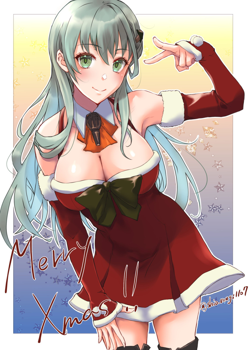 absurdres, aqua_eyes, aqua_hair, blue_background, border, breasts, brown_thighhighs, christmas, christmas_tree_hair_ornament, cowboy_shot, dress, elbow_gloves, fur-trimmed_dress, fur_trim, gloves, gradient, gradient_background, hair_between_eyes, hair_ornament, hairclip, highres, kantai_collection, large_breasts, long_hair, looking_at_viewer, official_alternate_costume, red_dress, red_gloves, santa_dress, shio_mugi1107, suzuya_(kancolle), thigh-highs, twitter_username, white_border, yellow_background