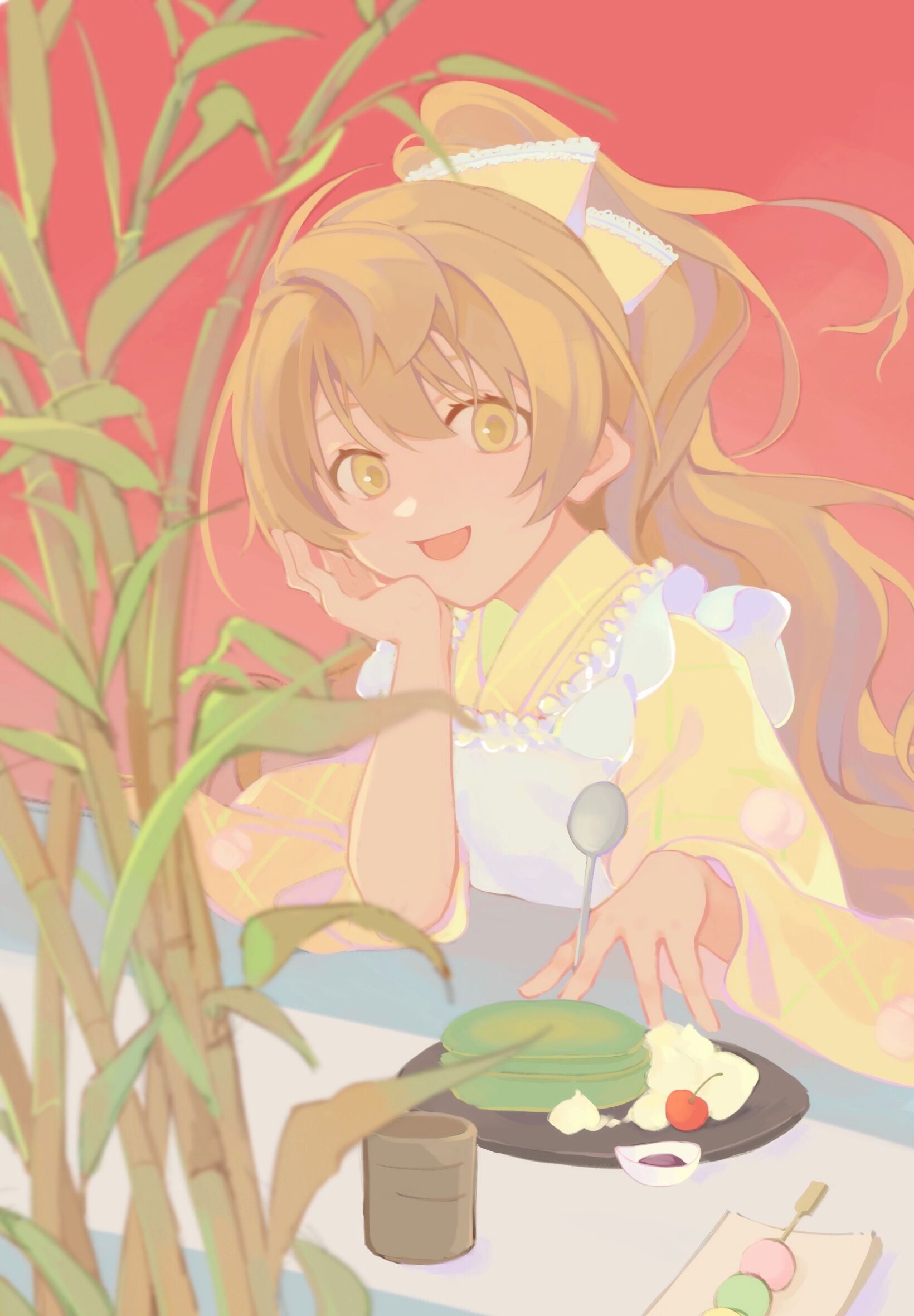 1girl, :d, apron, bamboo, bangs, cherry, cup, dango