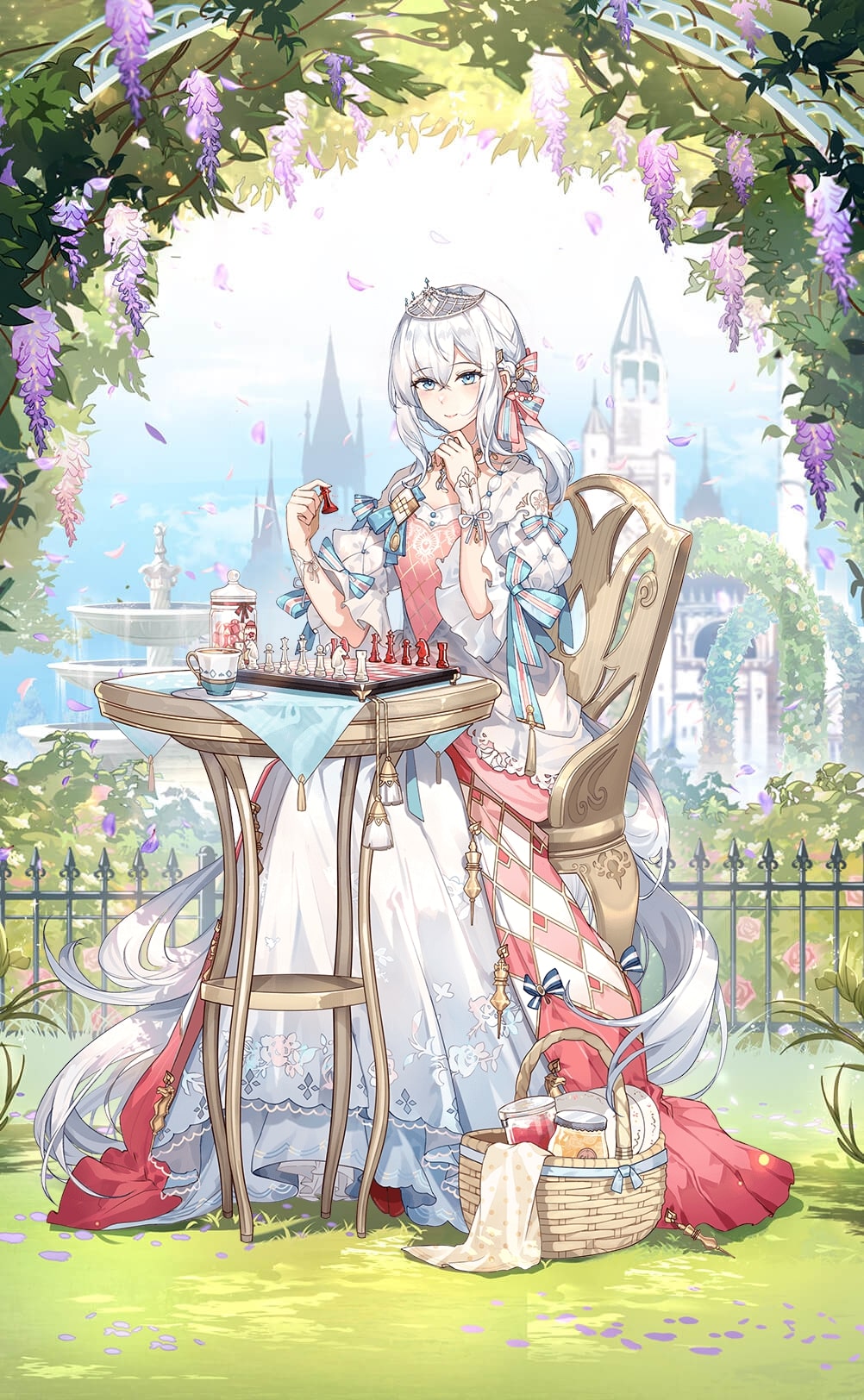 1girl, arch, argyle, basket, battenberg_cake_(food_fantasy), blue_eyes, blue_ribbon, board_game