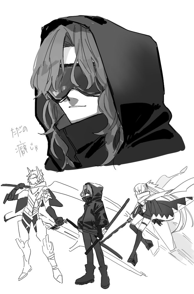 1girl, 2boys, alternate_costume, armored_boots, bangs, bikini, boots, covered_mouth