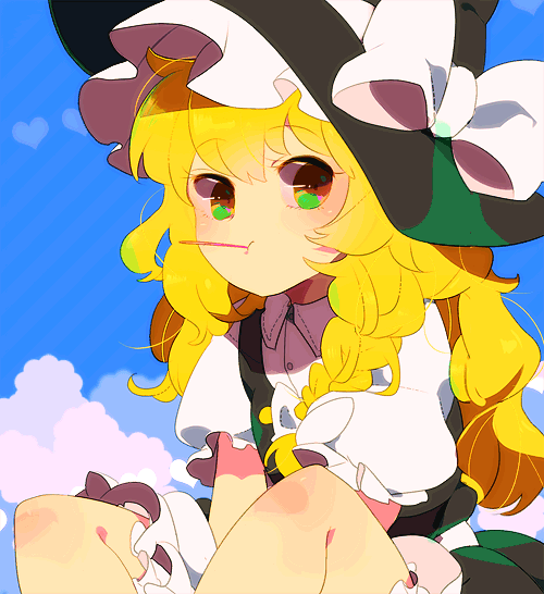 between_legs, blonde_hair, bloomers, blush, bow, braid, brown_eyes, clouds, dress, hand_between_legs, hat, hat_bow, kirisame_marisa, long_hair, mirki, outdoors, puffy_sleeves, sitting, sky, solo, touhou, underwear, white_bloomers, witch_hat