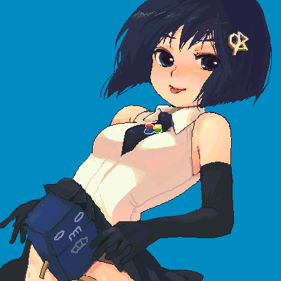 1girl, 98-tan, bangs, bare_shoulders, black_gloves, black_hair, black_necktie, black_skirt