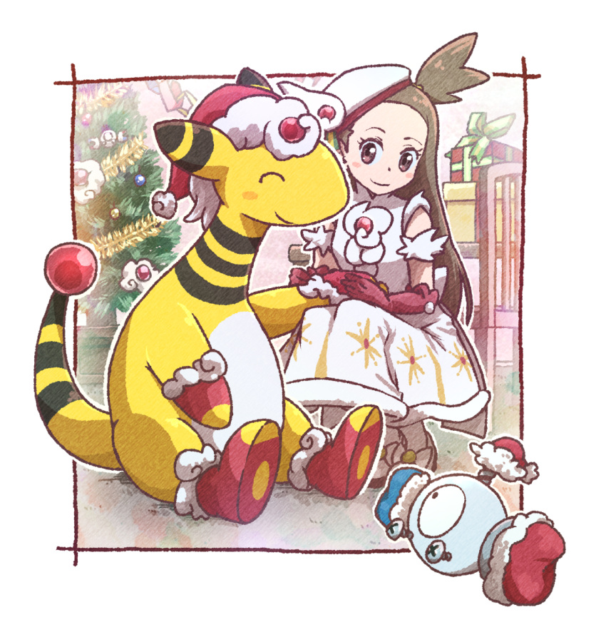1girl, ampharos, brown_eyes, chair, christmas, christmas_tree, clothed_pokemon, dress