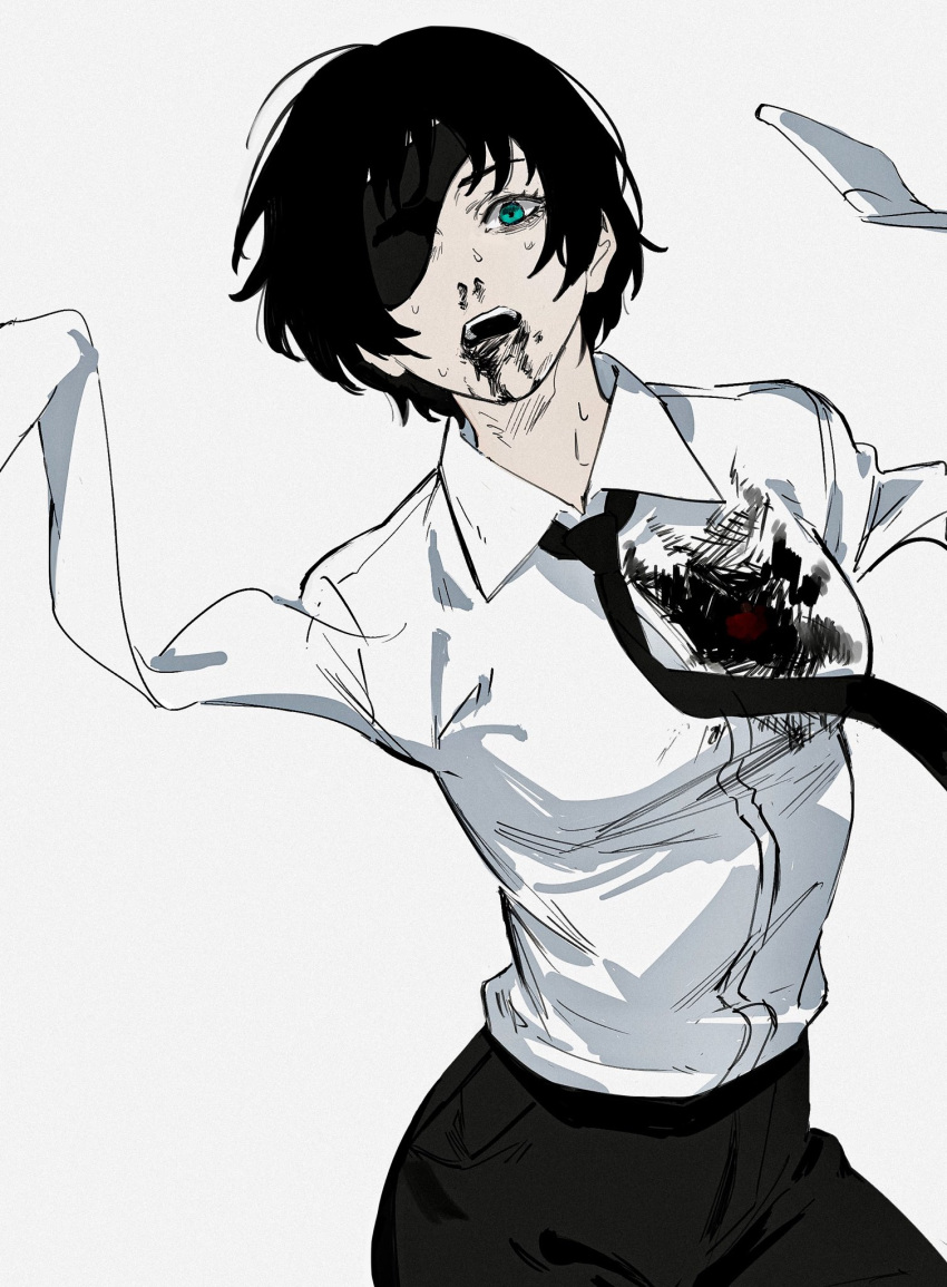 1girl, amputee, black_hair, black_necktie, black_pants, blood, blood_on_clothes, blue_eyes