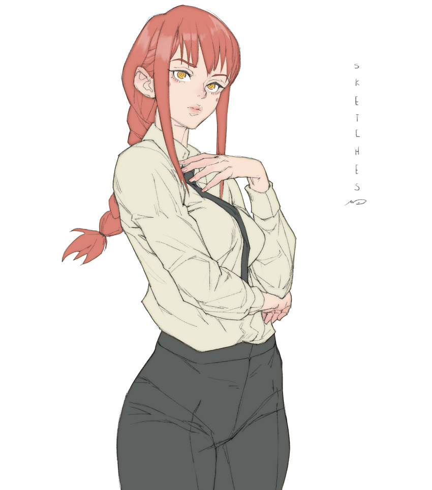 1girl, absurdres, black_necktie, black_pants, braid, braided_ponytail, chainsaw_man, collared_shirt