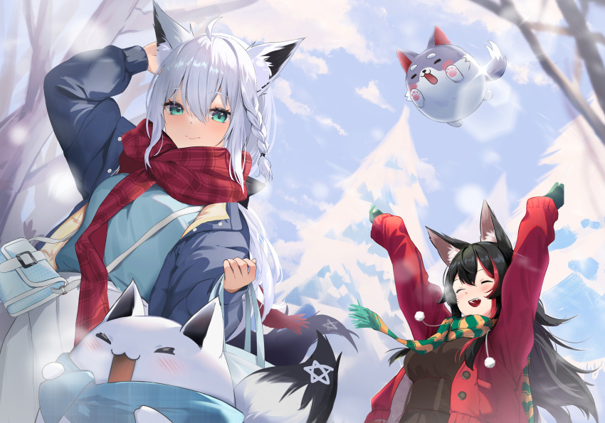 2girls, absurdres, animal_ear_fluff, animal_ears, bangs, black_hair, blue_eyes, braid