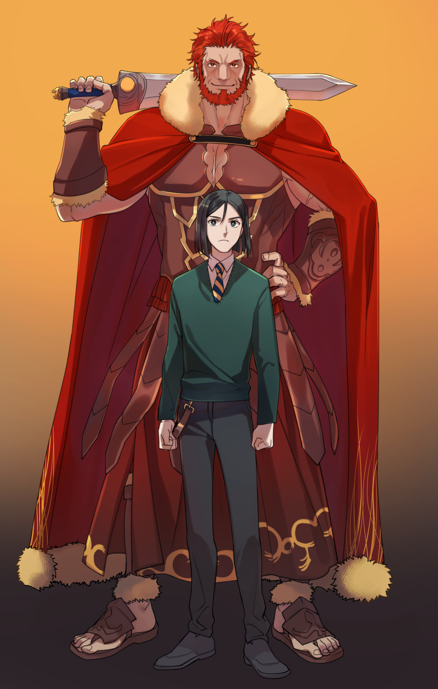 2boys, armor, beard, breastplate, cape, cleavage_cutout, clothing_cutout, facial_hair