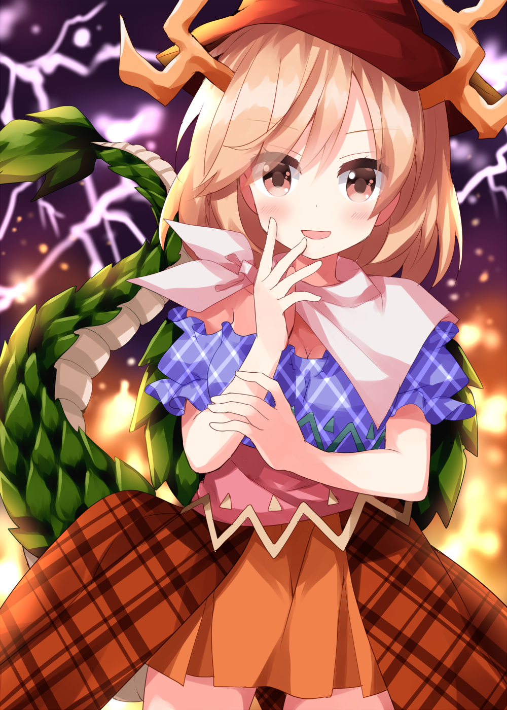1girl, antlers, bandana, blonde_hair, blue_dress, brown_dress, brown_headwear, brown_overskirt