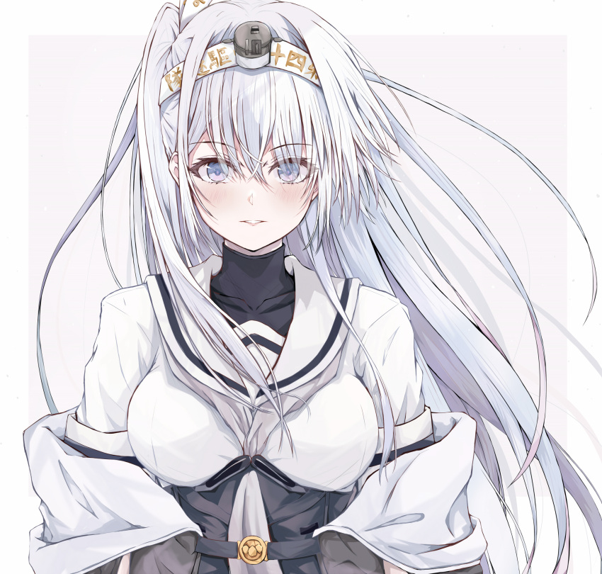 1girl, blush, border, clothes_writing, dairyo3, fuyutsuki_(kancolle), fuyutsuki_(kantai_collection), grey_eyes