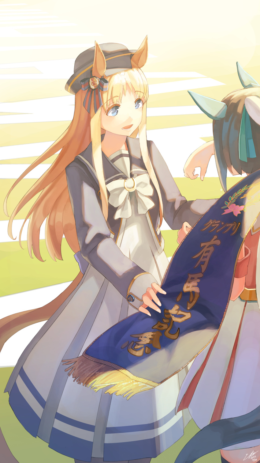 2girls, :d, absurdres, animal_ears, black_dress, black_headwear, blue_ear_covers, blue_eyes