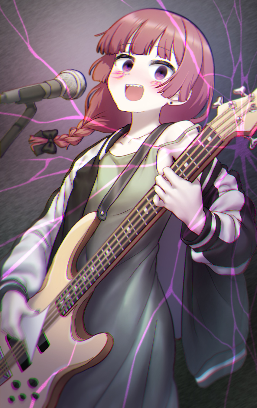 1girl, bangs, bass_guitar, black_bow, black_jacket, blunt_bangs, blush, bocchi_the_rock!
