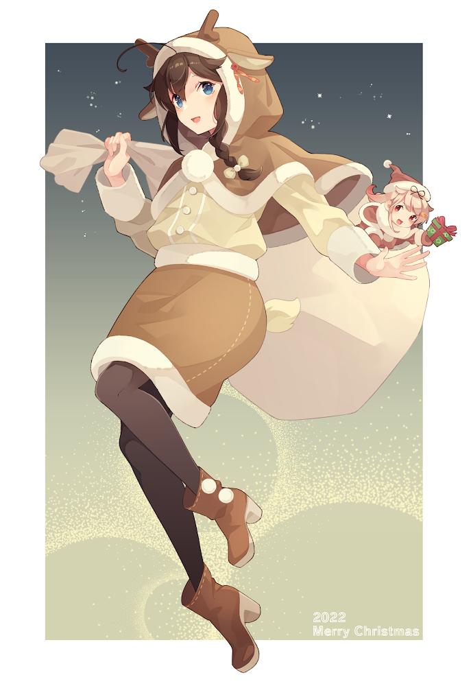 2girls, ahoge, animal_costume, animal_ears, antlers, black_pantyhose, black_ribbon, blonde_hair, blue_eyes, blush, boots, braid, brown_capelet, brown_footwear, brown_hair, brown_skirt, capelet, christmas, deer_ears, full_body, hair_between_eyes, hair_flaps, hair_ribbon, holding, holding_sack, hood, hooded_capelet, kantai_collection, long_hair, long_sleeves, merry_christmas, multiple_girls, open_mouth, pantyhose, red_eyes, reindeer_antlers, reindeer_costume, ribbon, sack, shakemi_(sake_mgmgmg), shigure_(kancolle), shigure_kai_ni_(kancolle), single_braid, skirt, smile, yuudachi_(kancolle), yuudachi_kai_ni_(kancolle)