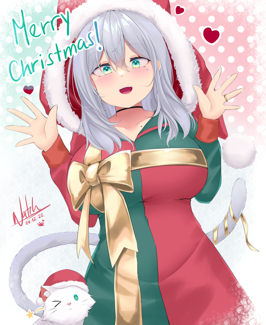 1girl, :d, absurdres, black_choker, bow, breasts, cat, cat_tail