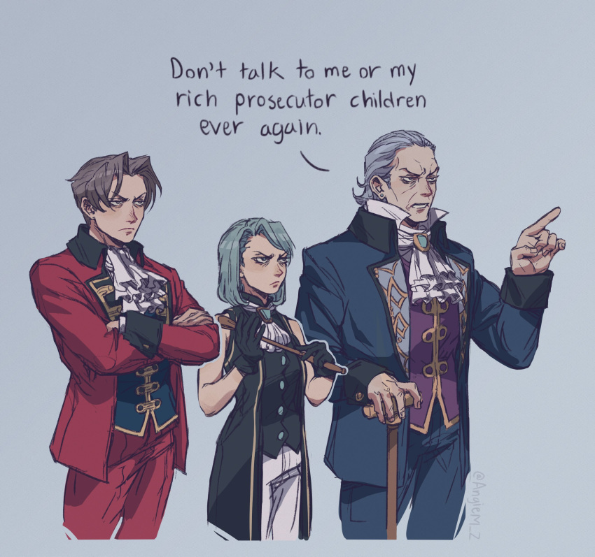 1girl, 2boys, absurdres, ace_attorney, angie_m, ascot, blue_eyes, blue_hair