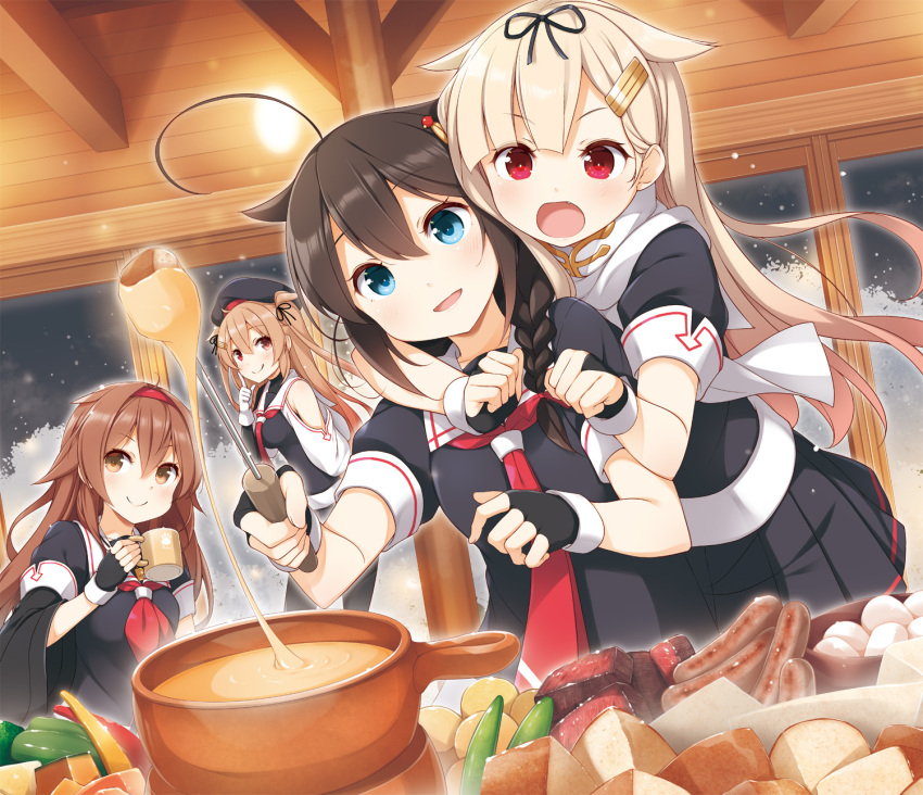 4girls, ahoge, asymmetrical_clothes, black_gloves, black_hair, black_headwear, black_ribbon, black_serafuku