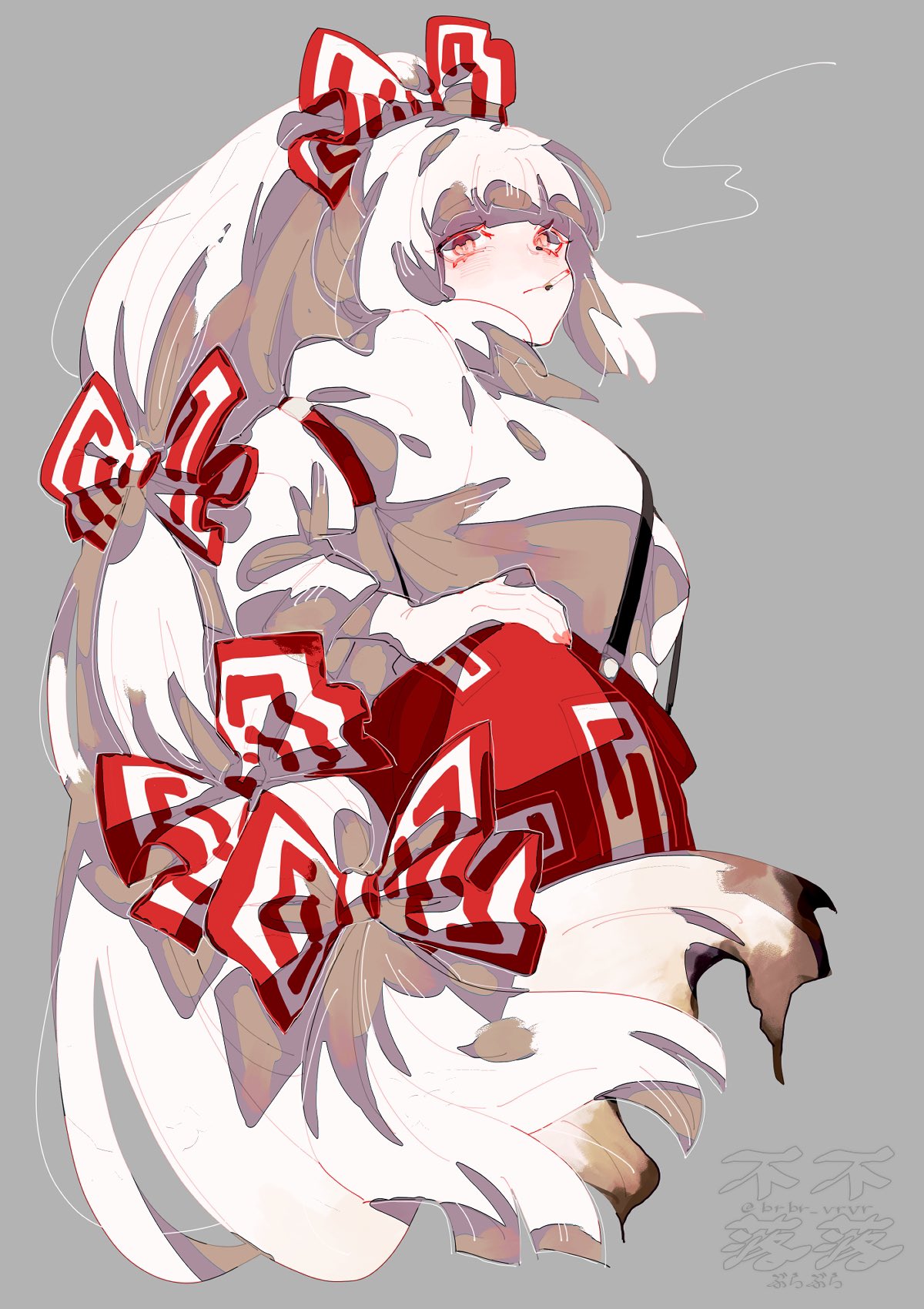 1girl, arm_strap, artist_name, baggy_pants, bangs, blunt_bangs, bow, brbr_vrvr