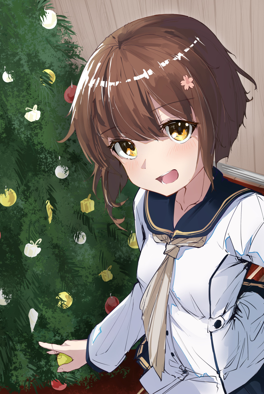 1girl, absurdres, blue_sailor_collar, blush, brown_eyes, brown_hair, christmas, christmas_ornaments