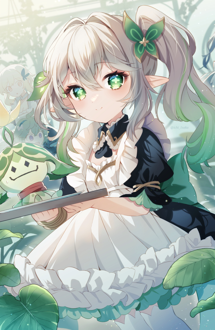 3girls, absurdres, alternate_costume, aranara_(genshin_impact), bangs, black_dress, bracelet, closed_mouth