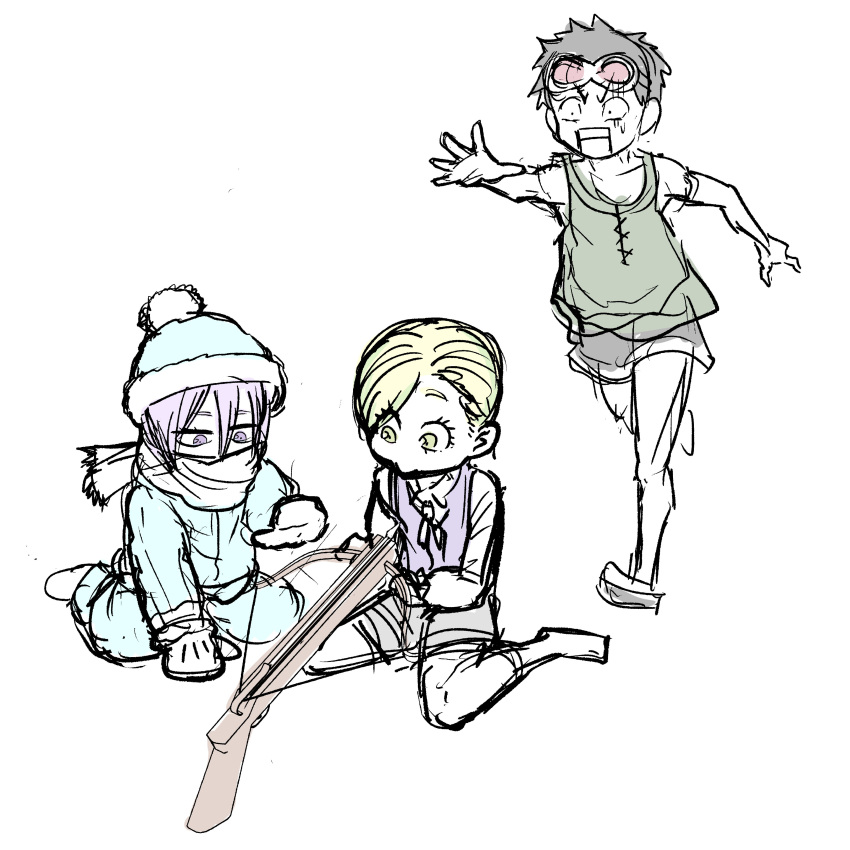 3boys, absurdres, aged_down, black_hair, blonde_hair, crossbow, dietrich_von_bern_(rosen_garten_saga), hair_between_eyes, heime_(rosen_garten_saga), highres, looking_at_object, looking_at_viewer, mittens, multiple_boys, official_art, open_mouth, outstretched_arm, purple_hair, rosen_garten_saga, scarf, short_hair, simple_background, sitting, sketch, tonouka_yousetsu, wariza, white_background, winter_clothes, witege_(rosen_garten_saga)