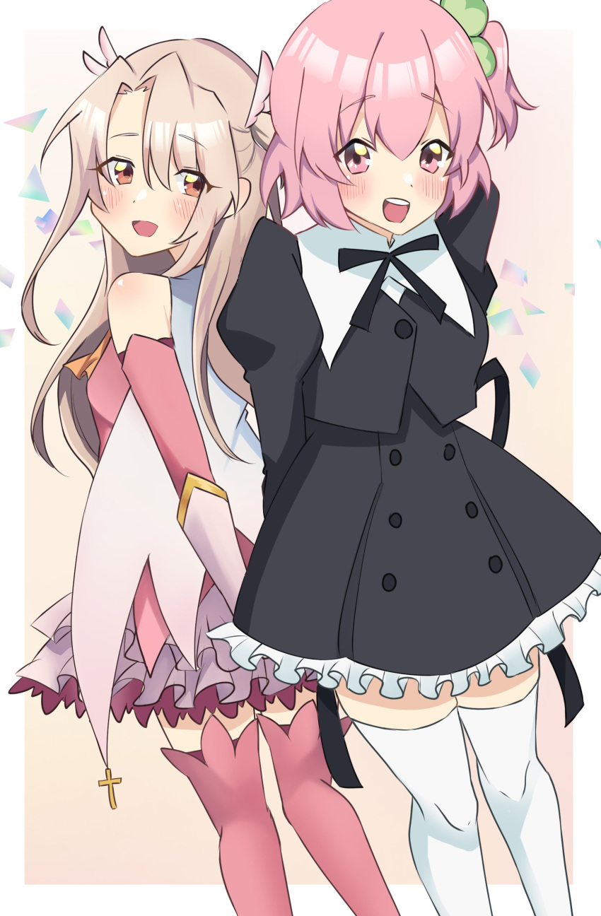 2girls, :d, absurdres, arms_behind_back, assault_lily, back-to-back, bangs, bare_shoulders