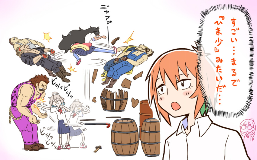 ahoge, bandaid, bandaid_on_face, bandaid_on_nose, barrel, brown_hair, crossover, do_it_yourself!!