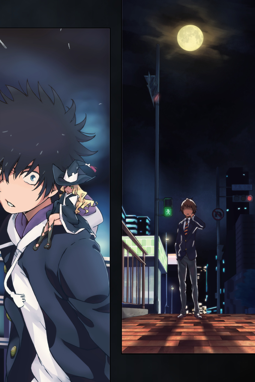 1girl, 2boys, a_certain_high_school_uniform, black_footwear, black_hair, black_jacket, blonde_hair, blue_eyes