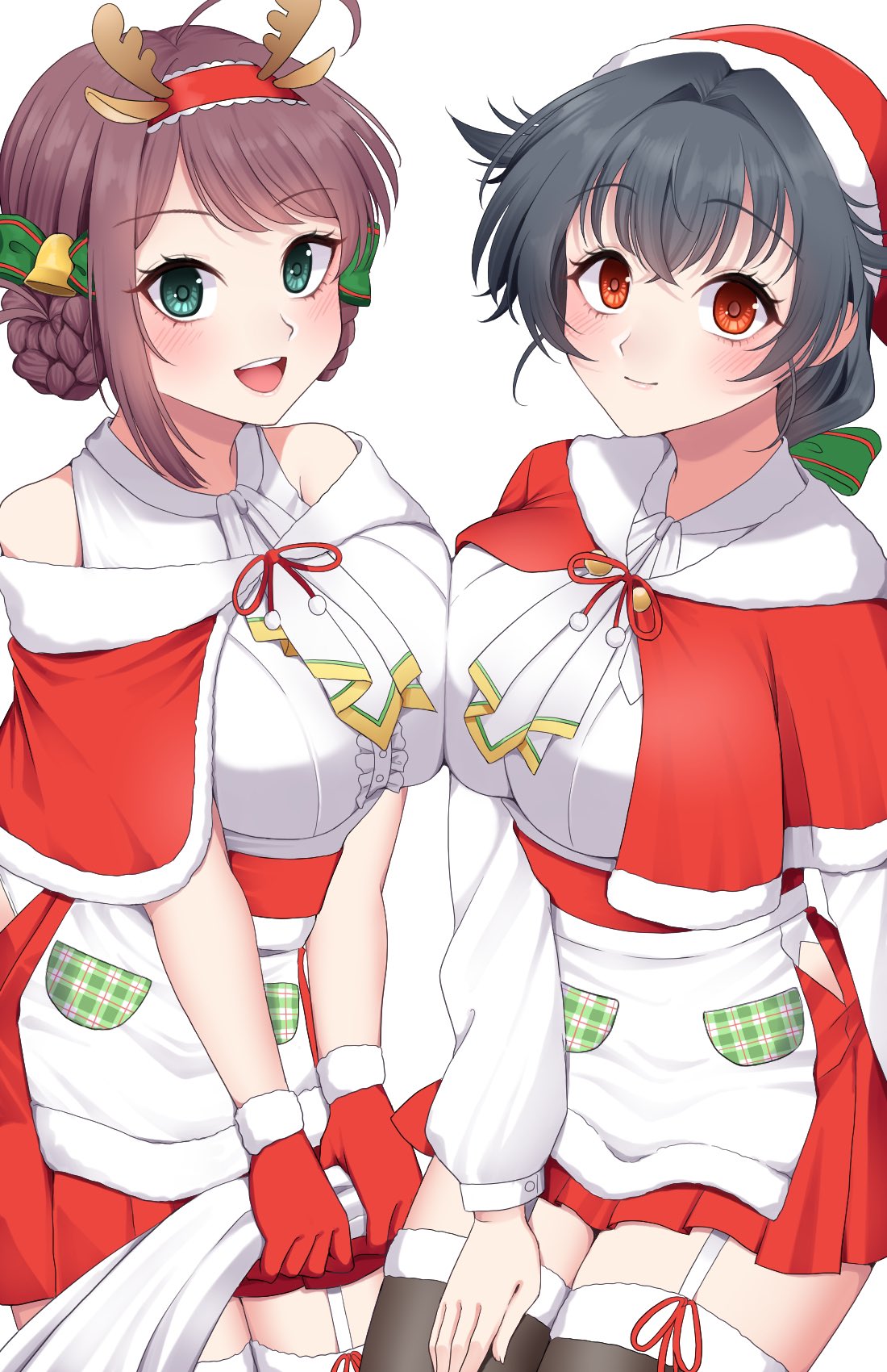2girls, antlers, aqua_eyes, black_hair, black_thighhighs, blush, braid, breasts