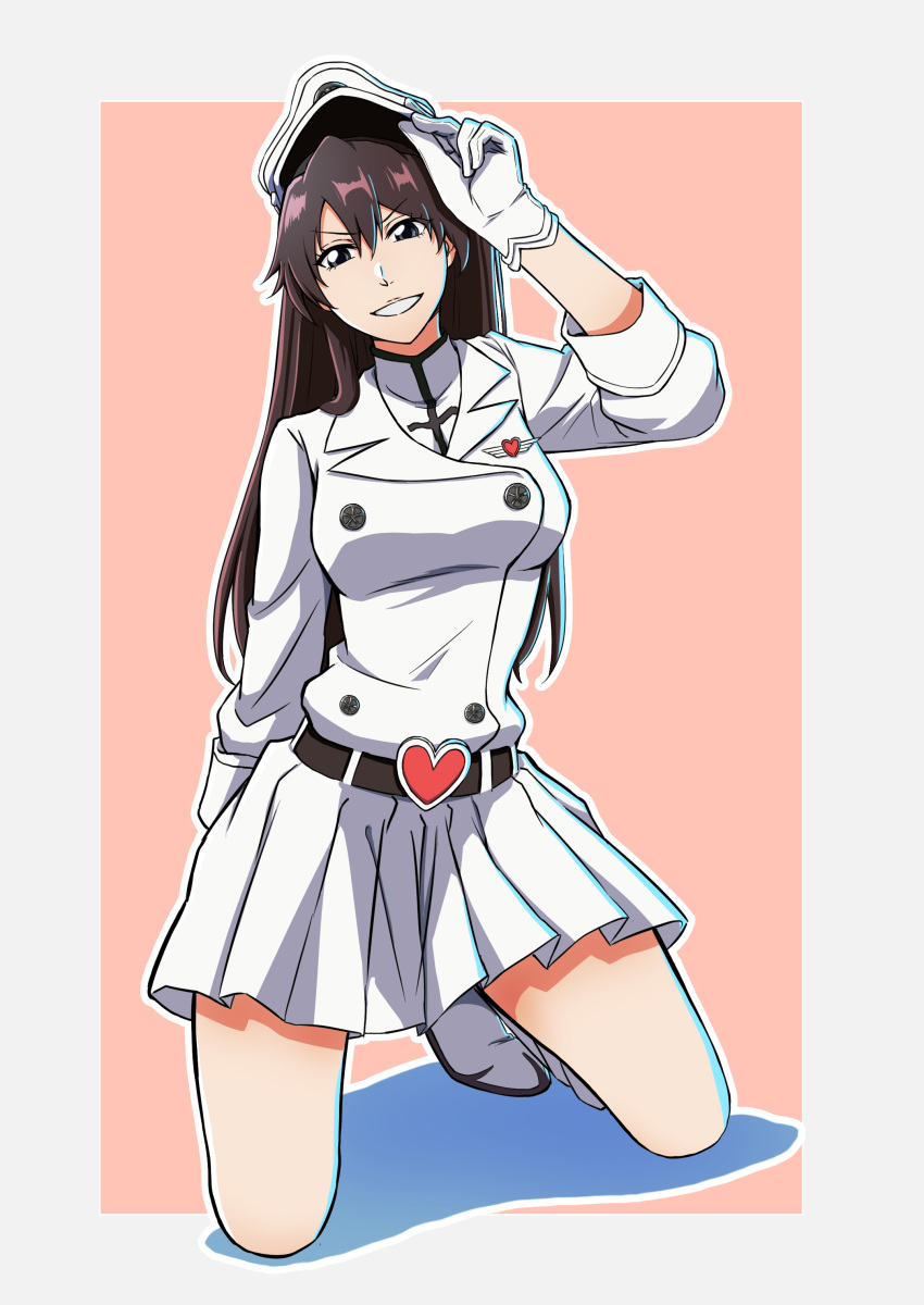 >:), 1girl, absurdres, arm_behind_back, arm_up, bambietta_basterbine, bangs, black_eyes