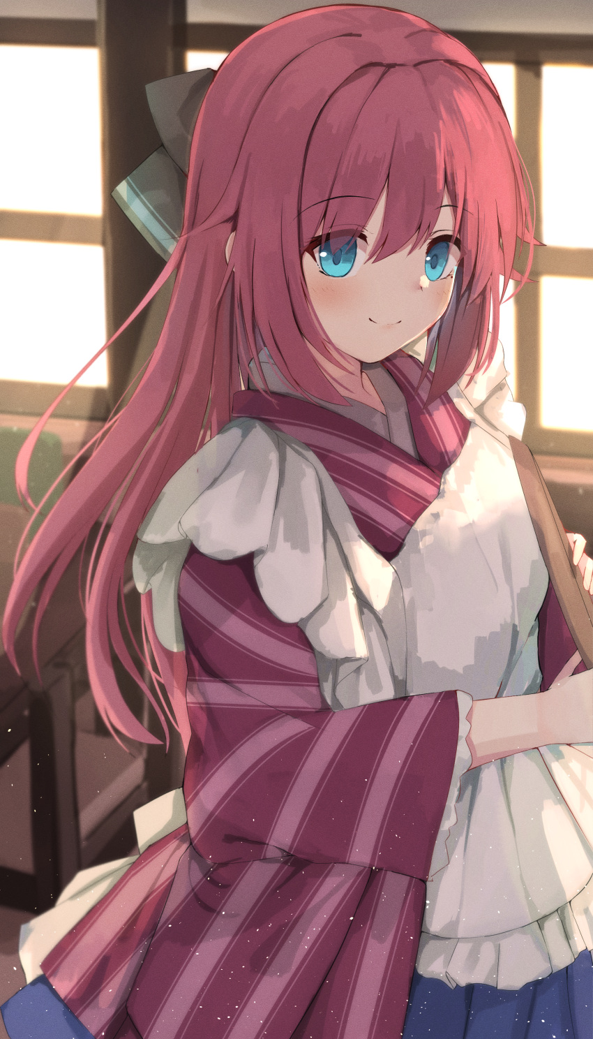 1girl, absurdres, apron, aqua_eyes, bangs, black_bow, blush, bow