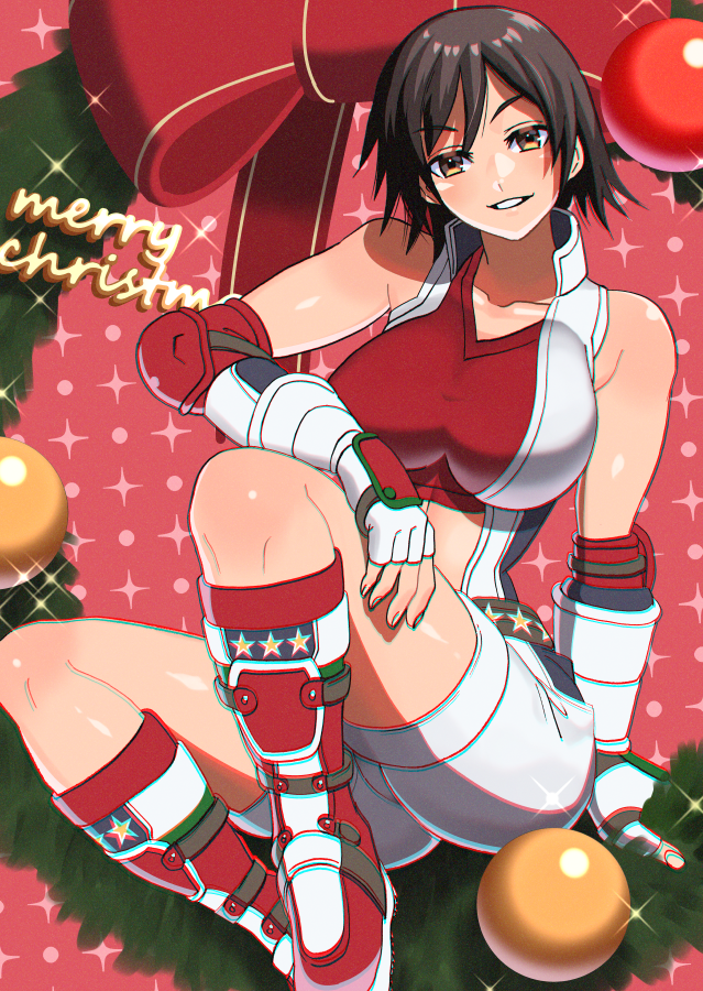 1girl, akisu_k, bangs, bare_shoulders, belt, blunt_bangs, boots, bow, breasts, brown_eyes, brown_hair, christmas, christmas_wreath, collarbone, elbow_gloves, elbow_pads, fingerless_gloves, gloves, grin, head_tilt, kazama_asuka, large_breasts, looking_at_viewer, merry_christmas, short_hair, shorts, sitting, smile, tekken
