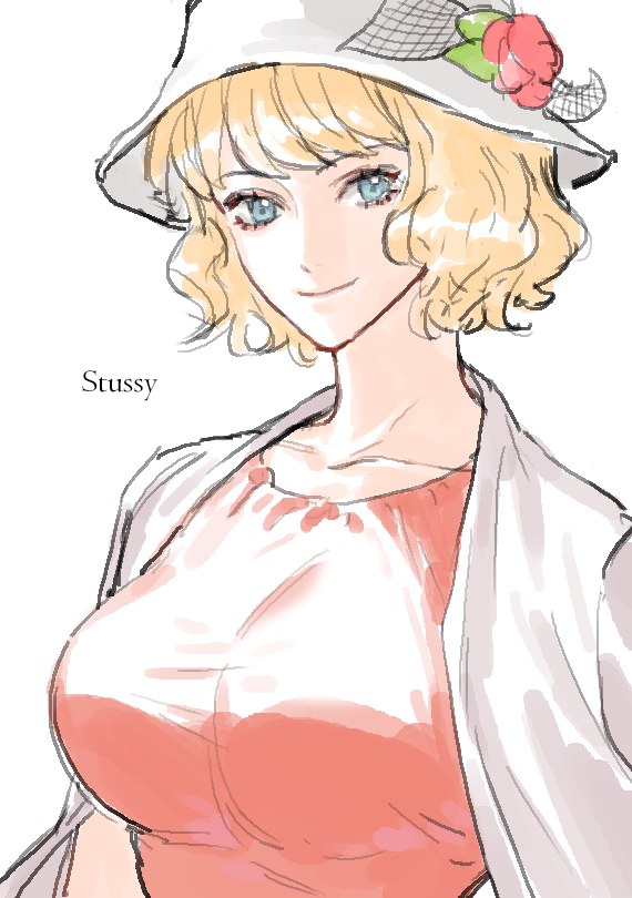 1girl, blonde_hair, blue_eyes, breasts, character_name, coat, collarbone, curly_hair