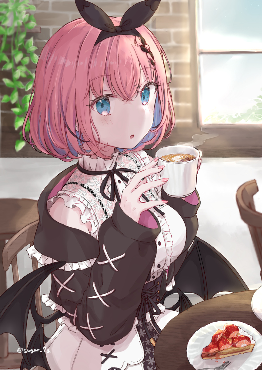 1girl, absurdres, apron, blue_eyes, coffee_mug, cup, hair_ornament, highres