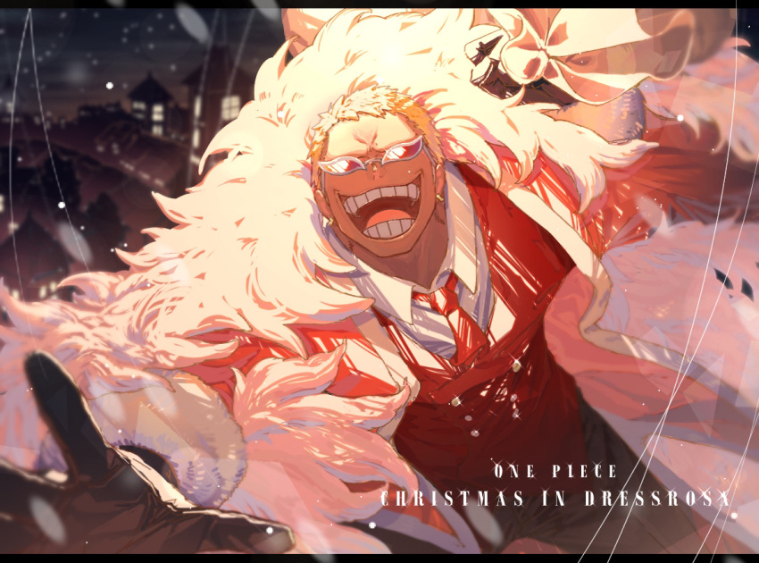 1boy, bag, blonde_hair, brown_gloves, city_lights, coat, collared_shirt, copyright_name