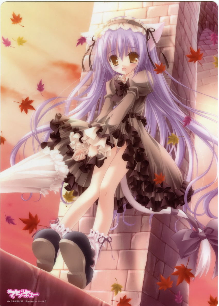 :o, angel_ring_(artbook), animal_ears, blush, cafe_little_wish, cat_ears, curly_hair, dress, flat_chest, gothic_lolita, hairband, highres, leaf, leaning, lolita_fashion, long_hair, mina, mina_(cafe_little_wish), nekomimi, panties, purple_hair, standing, tail, tears, tinker_bell, tinkerbell, tinkle, umbrella, wind, yellow_eyes